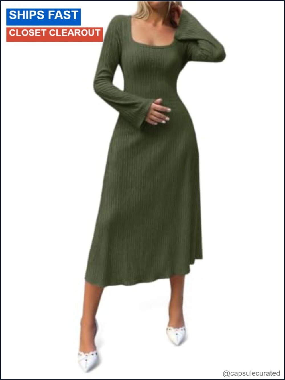Womens Knit Maxi Dress Square Neck Long Sleeve Fall A-Line Tie Waist